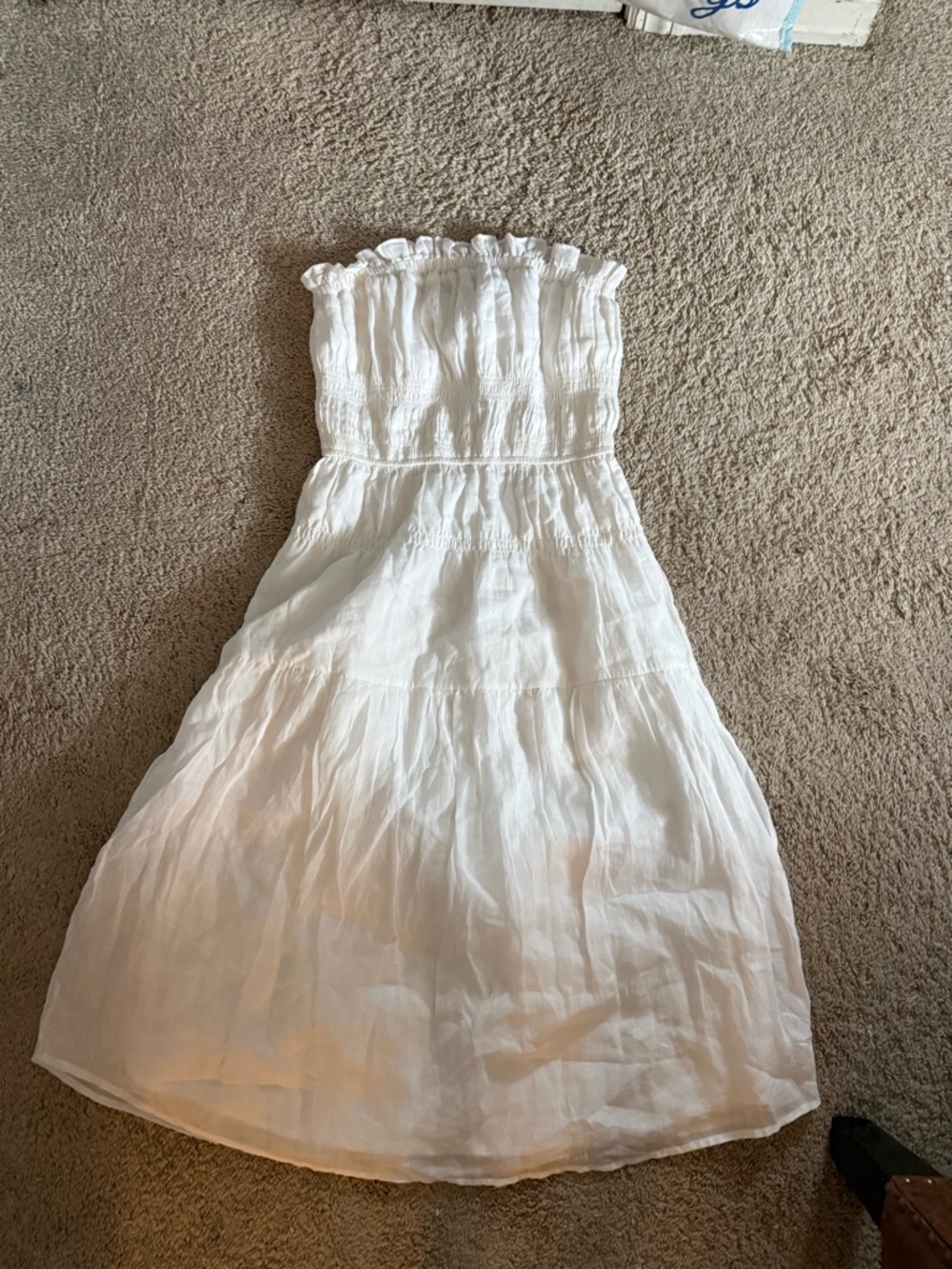 Frame Denim White Smocked Strapless Midi Dress